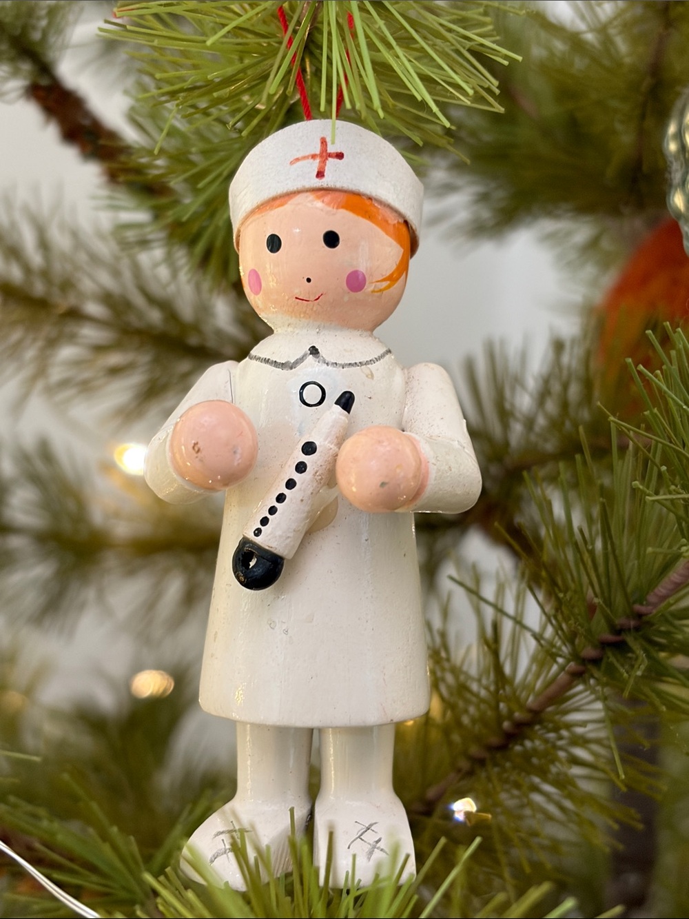 Vintage Wooden Nurse Christmas Ornament With Thermometer.